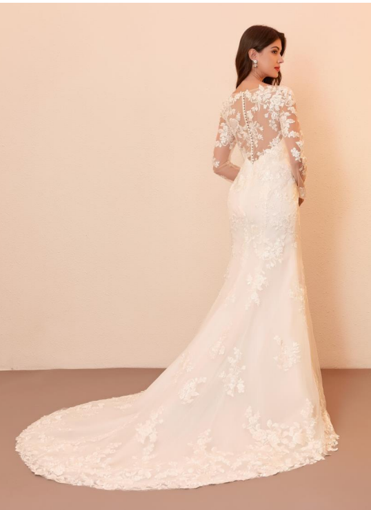 Back view of Bride wearing the Betty Bridal Gown – Lace Mermaid Wedding Dress with Chapel Train at Unforgettable Bridal