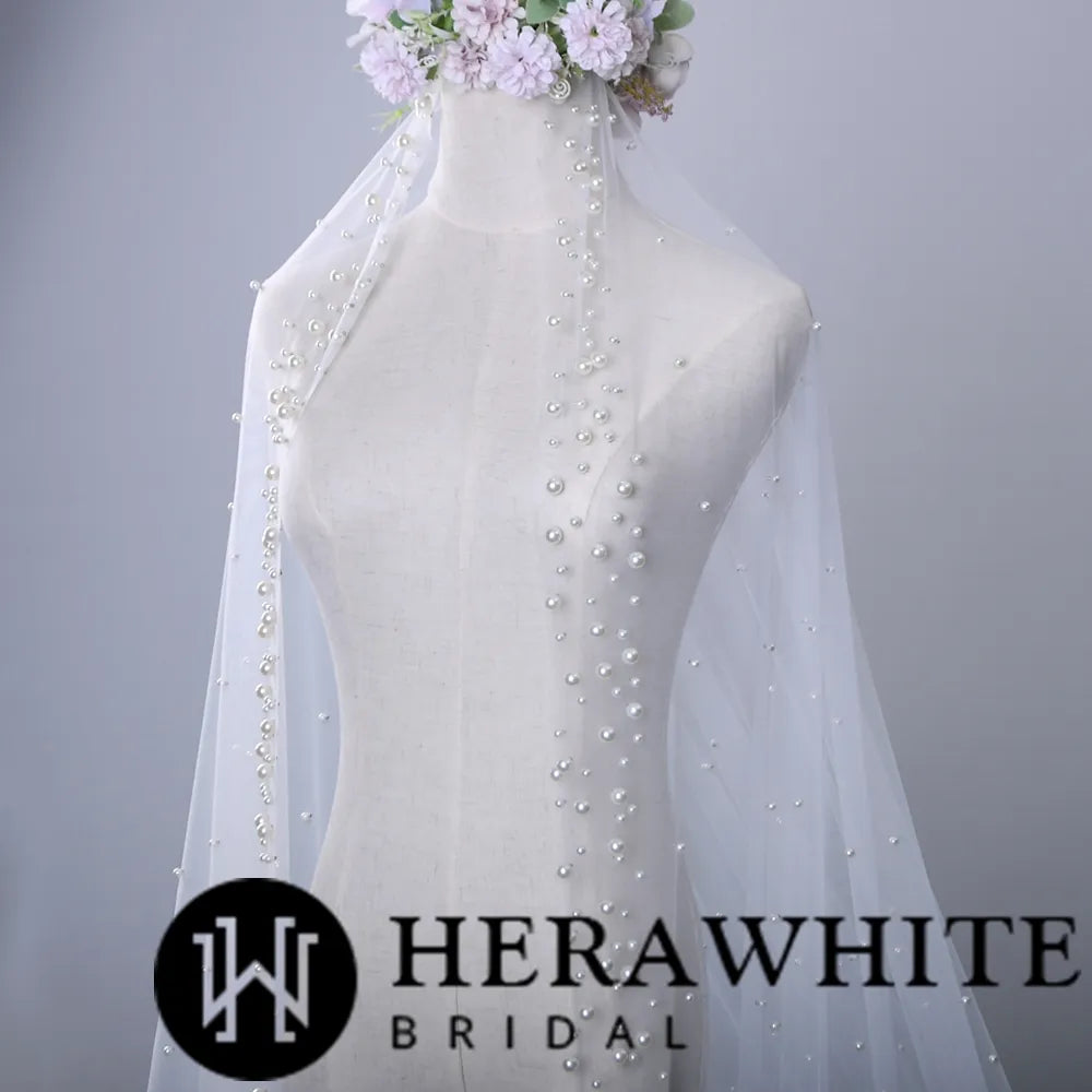 Herawhite Bridal Waterfall Cathedral Pearl Wedding Veil