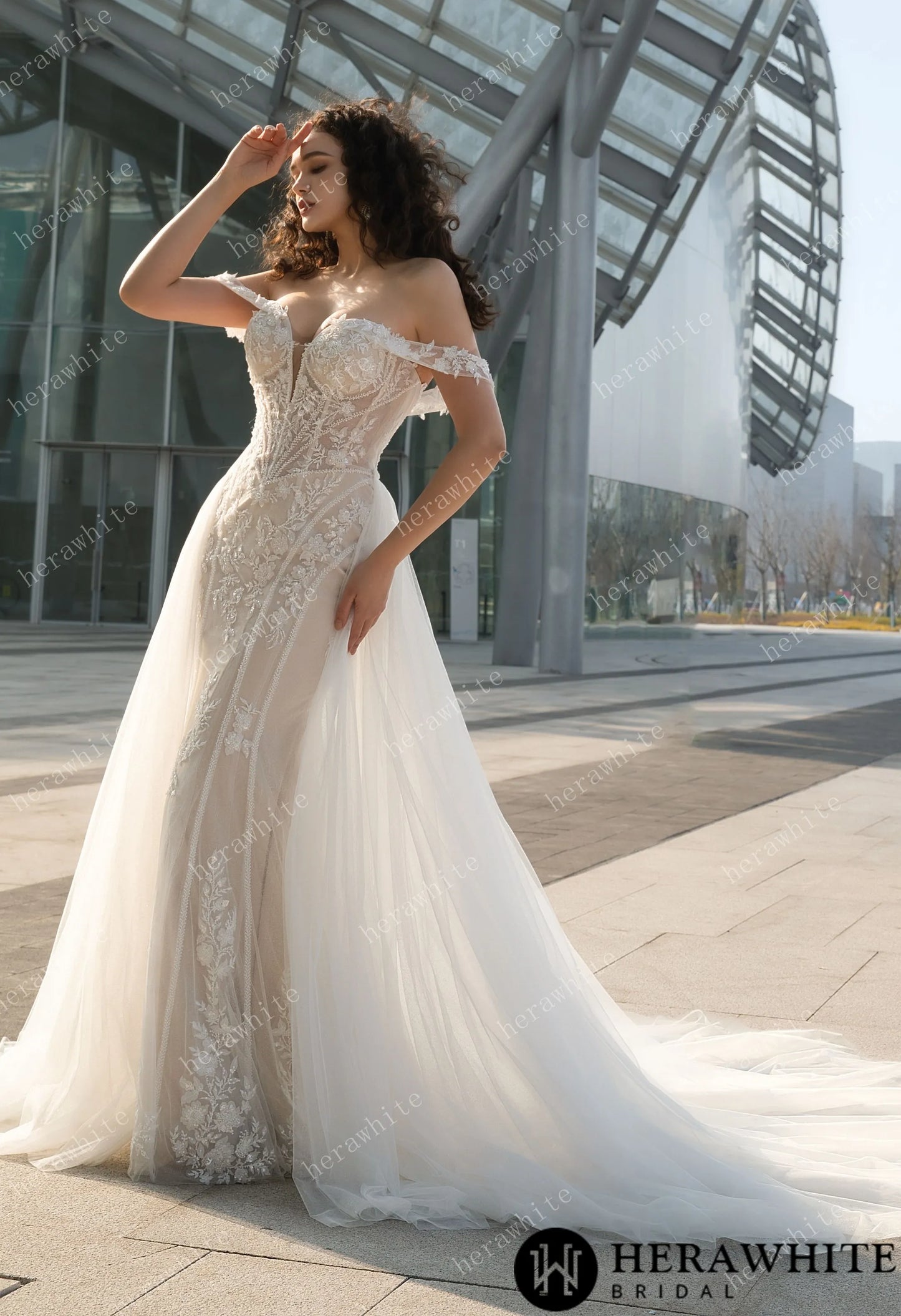Jasmine Fit-and-Flare Wedding Gown | Off-the-Shoulder Lace & Tulle Train