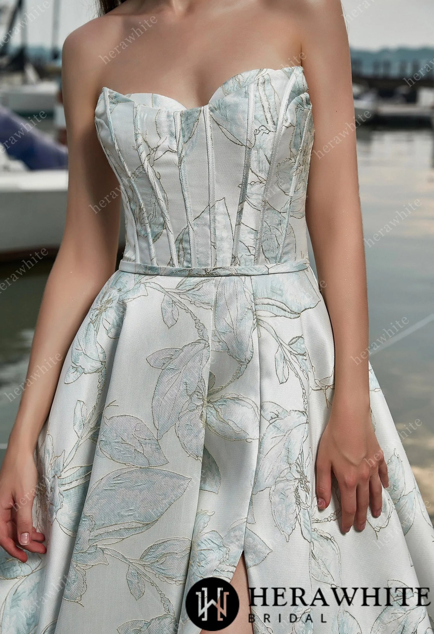 Modern A-line wedding dress with boned bodice and satin finish