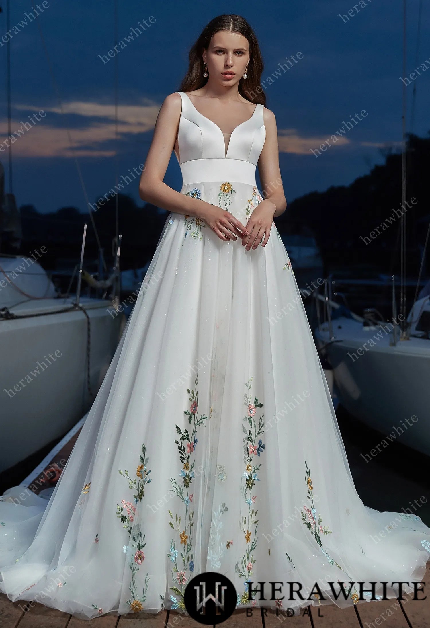 Mickie boho wedding dress with floral lace and V-neckline