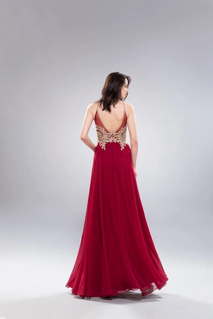 Anny Lee Fit and Flair Formal Dress with Gold Applique.