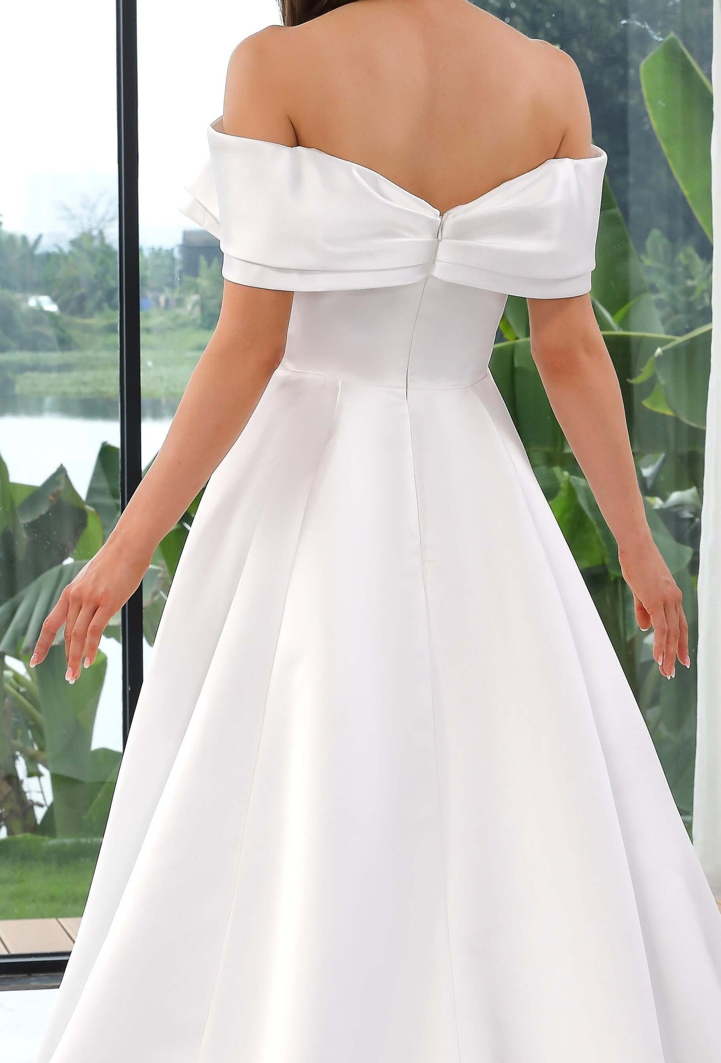 Satin Aline Gown featuring a flattering off-the-shoulder bateau neckline