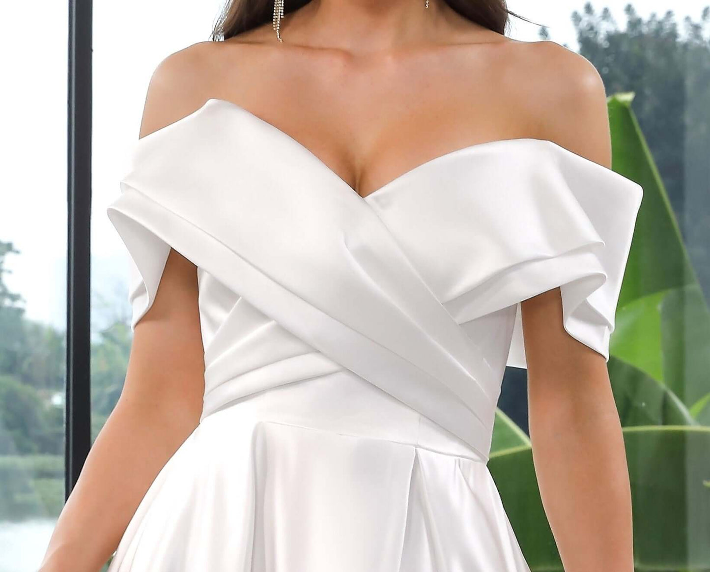 Satin Aline Gown featuring a flattering off-the-shoulder bateau neckline