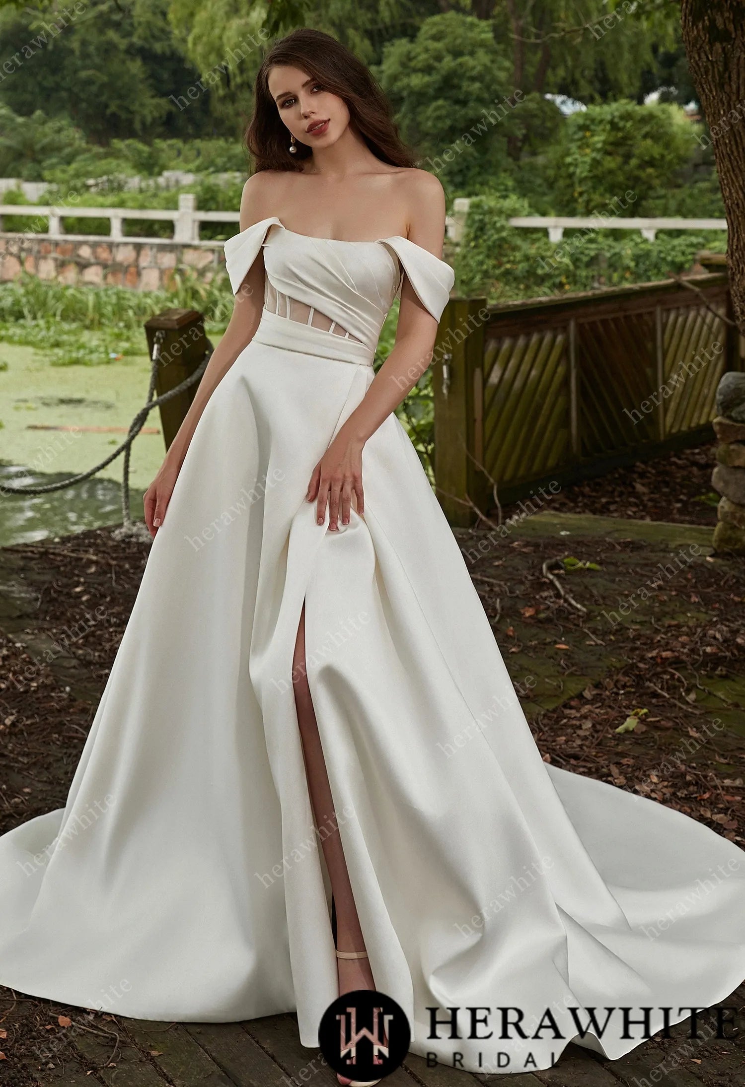 Betty Mikado off-shoulder wedding gown with high slit