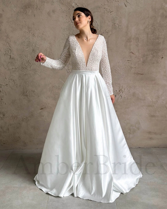 A Line Satin Wedding Dress with Long Sleeve and Deep V Neck