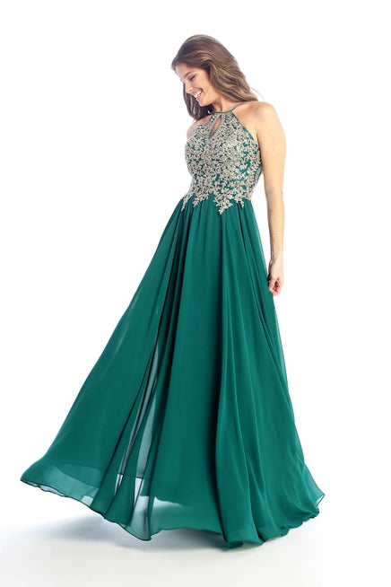 Anny Lee Fit and Flair Formal Dress with Gold Applique.