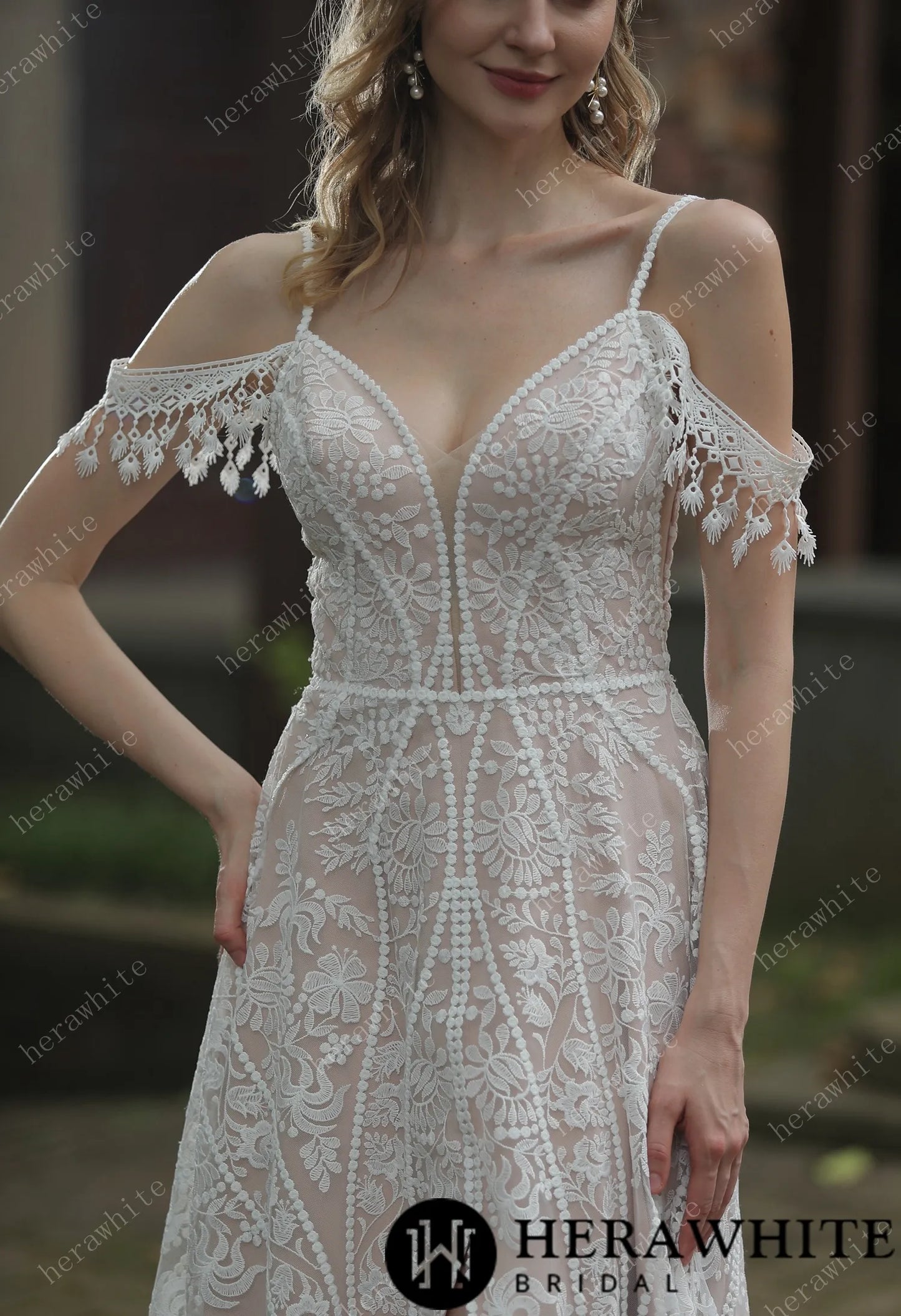 Beach Bohemian Lace Plunge Neckline Wedding Dress