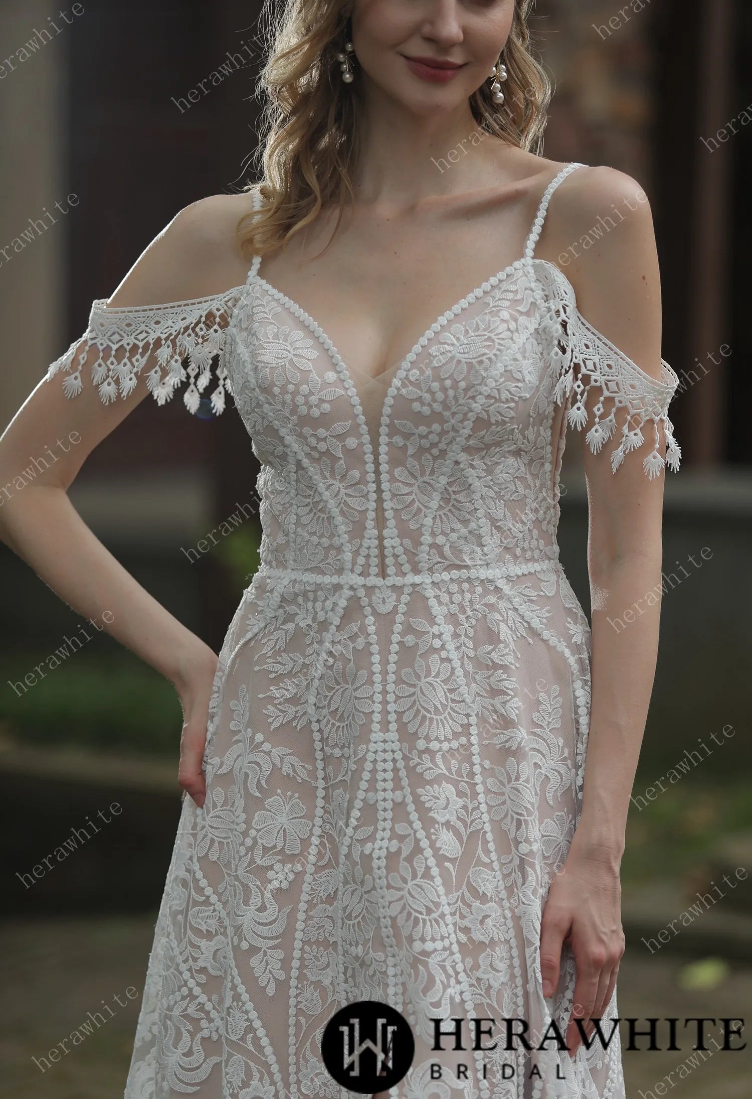 Beach Bohemian Lace Plunge Neckline Wedding Dress
