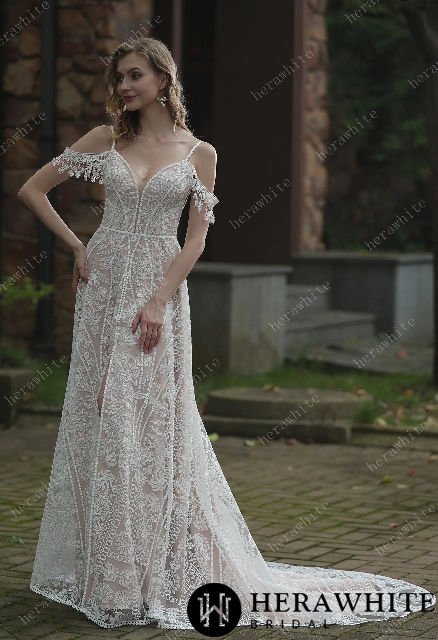 Beach Bohemian Lace Plunge Neckline Wedding Dress