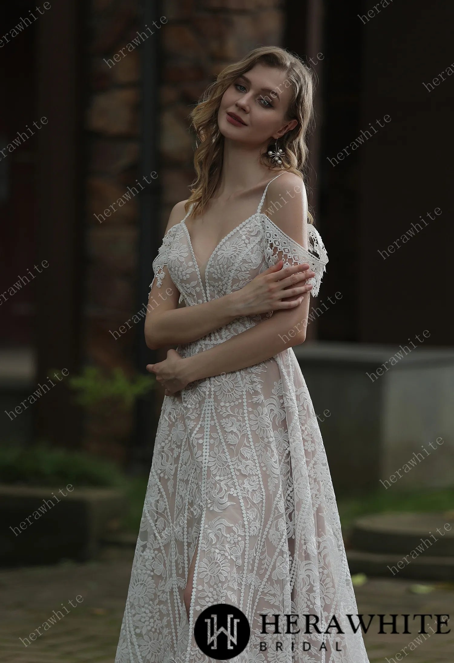 Beach Bohemian Lace Plunge Neckline Wedding Dress