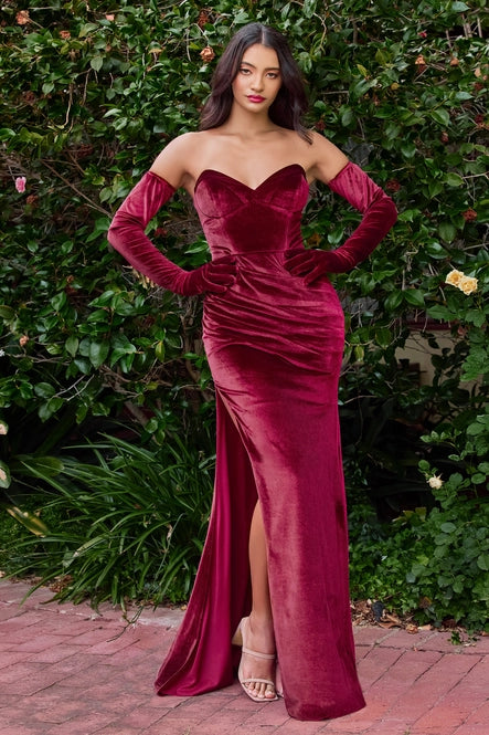 Stretch Velvet Strapless Fitted Gown with Gloves By Ladivine