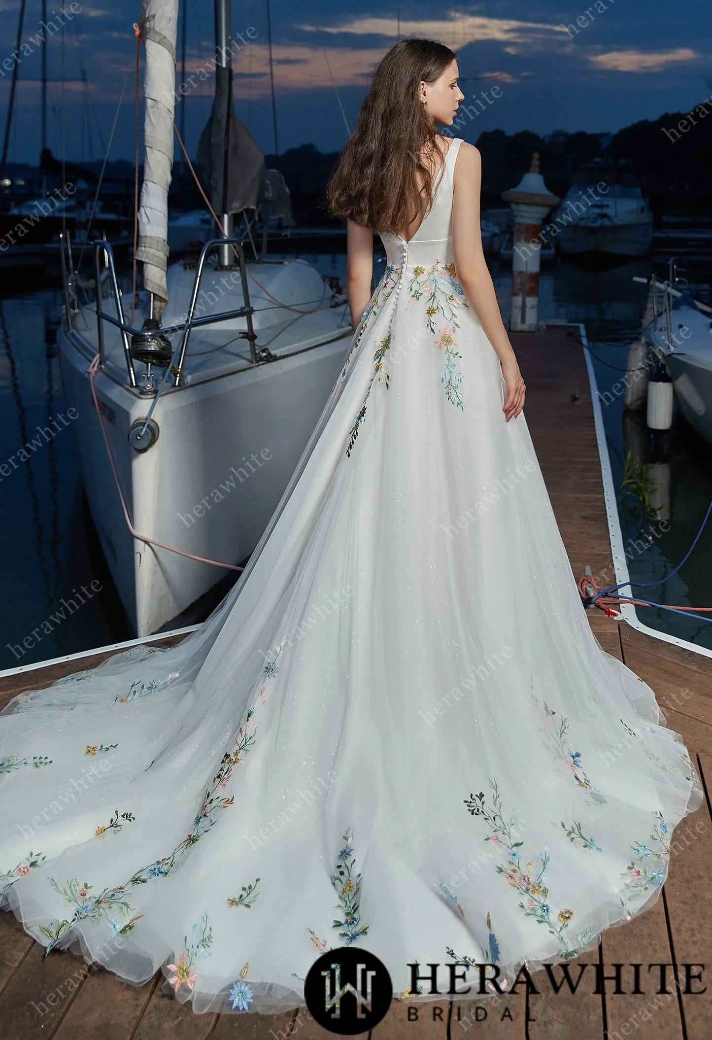 Tiered glitter tulle wedding dress with colorful hem