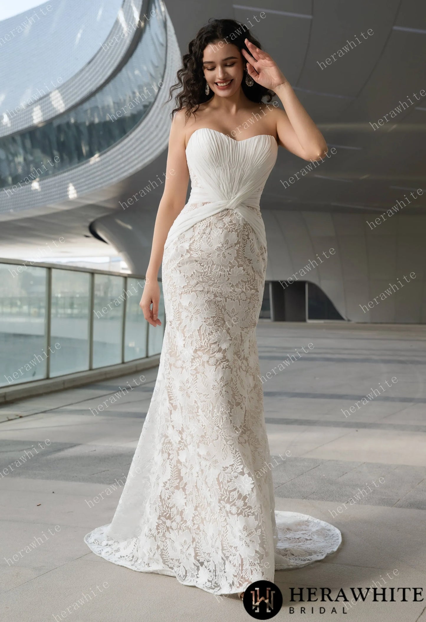 Bride wearing the Ruth- Pleated Mermaid Wedding Dress
