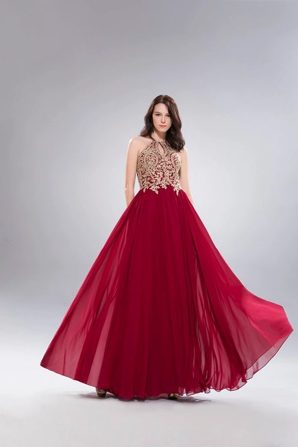Anny Lee Fit and Flair Formal Dress with Gold Applique.