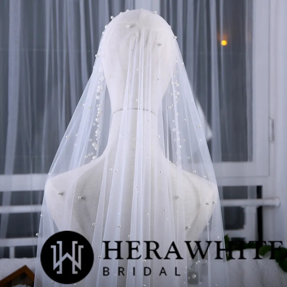 Herawhite Bridal Waterfall Cathedral Pearl Wedding Veil