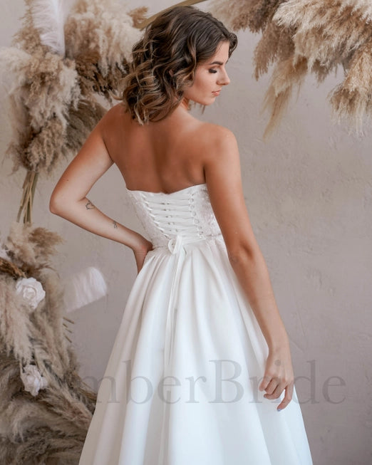 Two Piece A Line Wedding Dress with One Shoulder and Bow