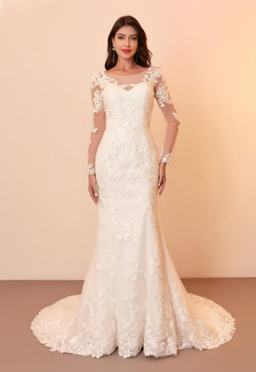 Bride wearing the Betty Bridal Gown – Lace Mermaid Wedding Dress with Chapel Train at Unforgettable Bridal