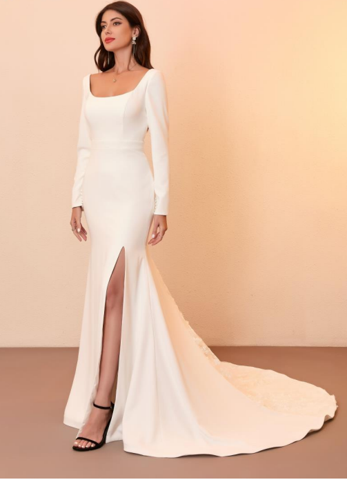 Bride wearing the Carol Fit-and-Flare Wedding Gown