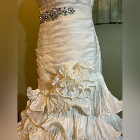 Clearance Sale: Soft Taffeta Mermaid Wedding Gown with Whimsical Layered Skirt and Faux Buttons