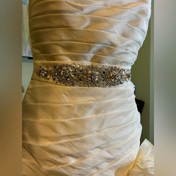 Clearance Sale: Soft Taffeta Mermaid Wedding Gown with Whimsical Layered Skirt and Faux Buttons