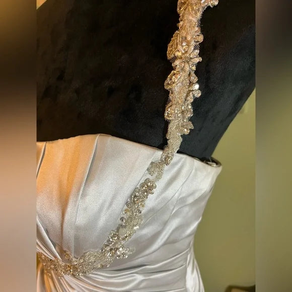 Clearance Sale: Platinum Satin Sleeveless Wedding Gown with ruching, rhinestones & Corset