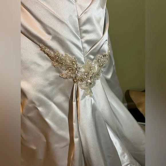 Clearance Sale: Platinum Satin Sleeveless Wedding Gown with ruching, rhinestones & Corset