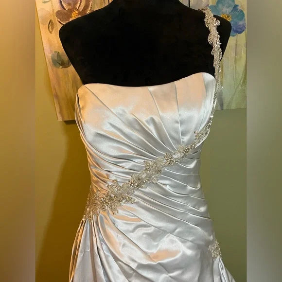Clearance Sale: Platinum Satin Sleeveless Wedding Gown with ruching, rhinestones & Corset