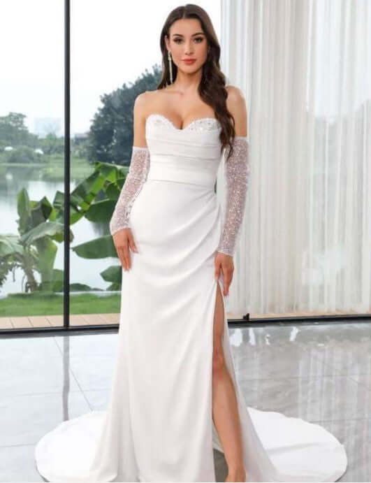 Model wearing an Elegant Fit & Flare Crepe Gown with Detachable Sleeves