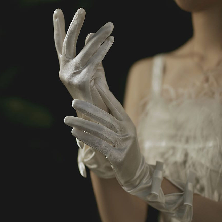 Satin Wedding Gloves Elegant Bowtie Hollow Out