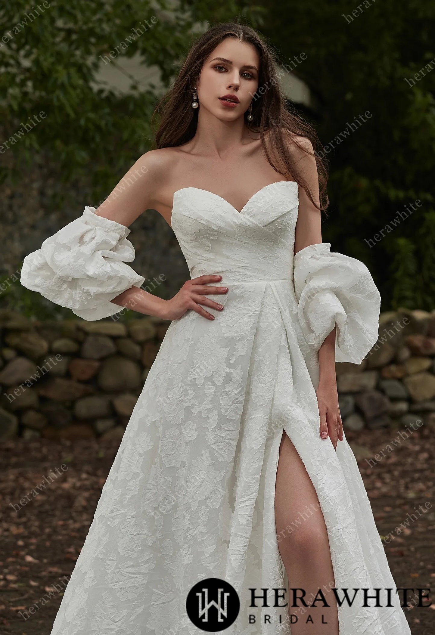 Jacquard Organza Puff Sleeves Grace Slit And Sweetheart Wedding Dress