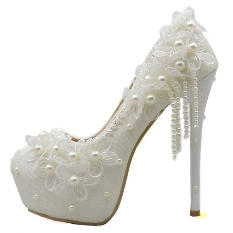 Lace and Flower Rhinestone Tassel High-heeled Bridal Shoes