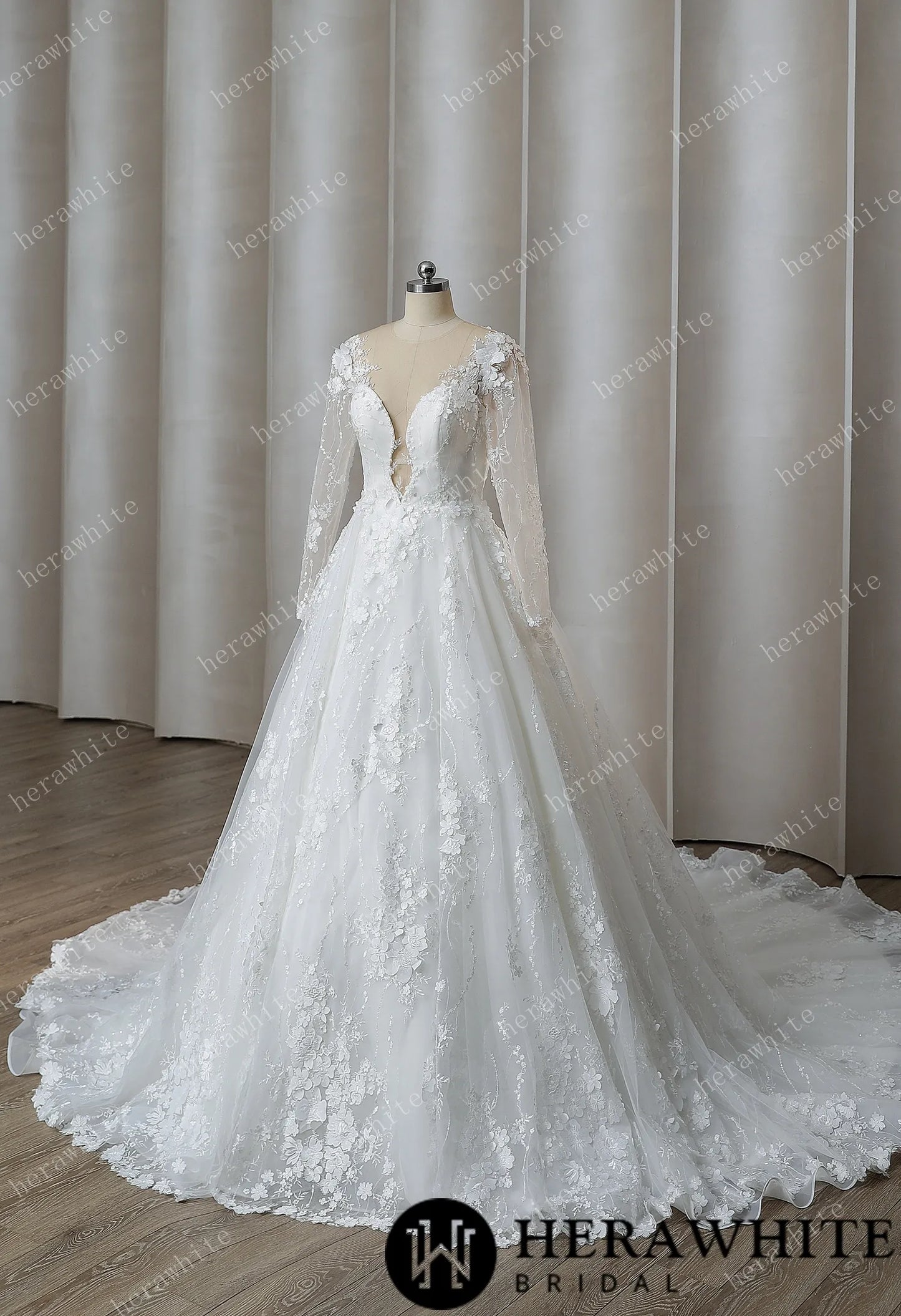 Elegant Illusion Plunging V Neck Wedding Dress