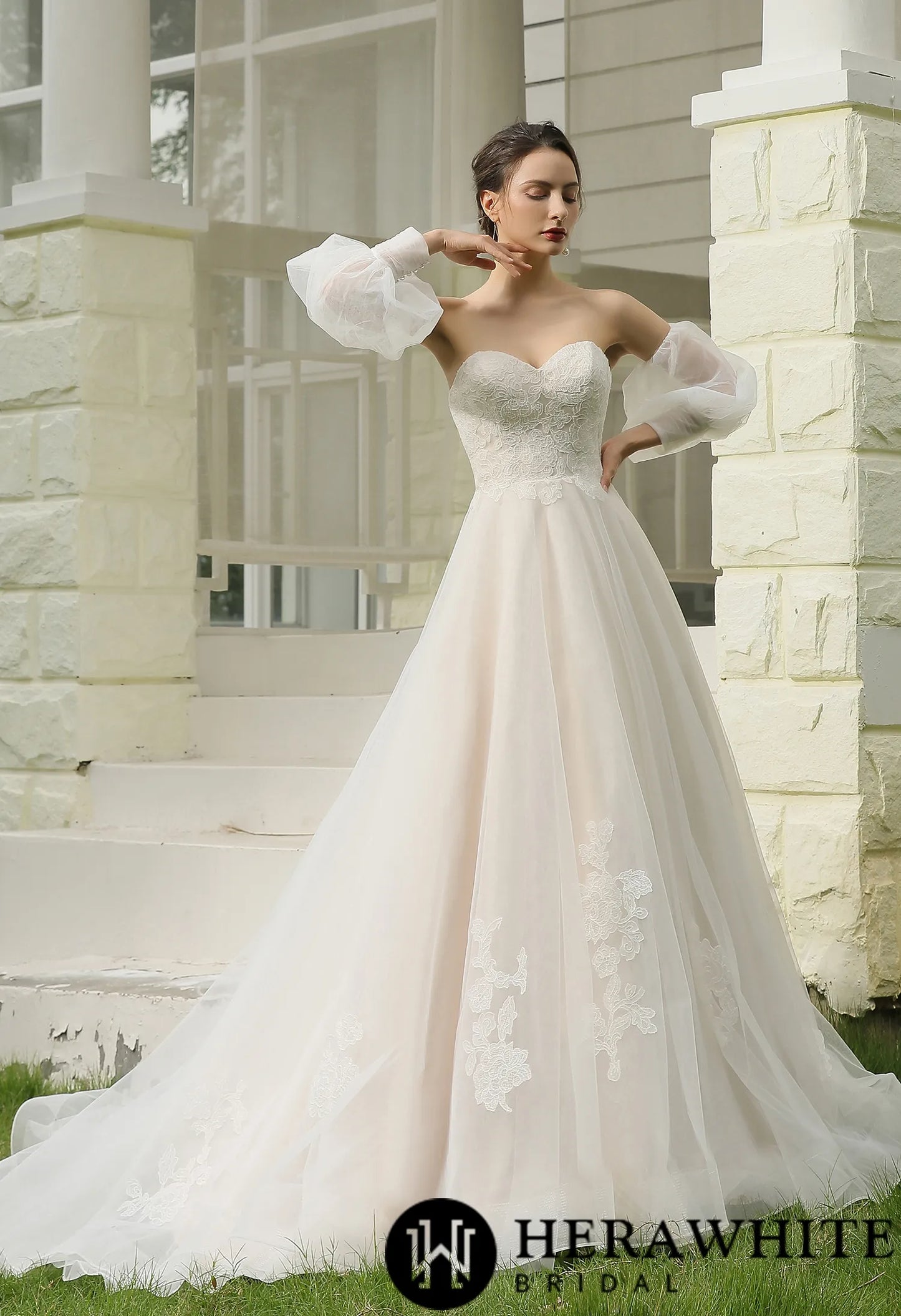 Classic A-Line Strapless Detachable Bishop Sleeves Wedding Dress