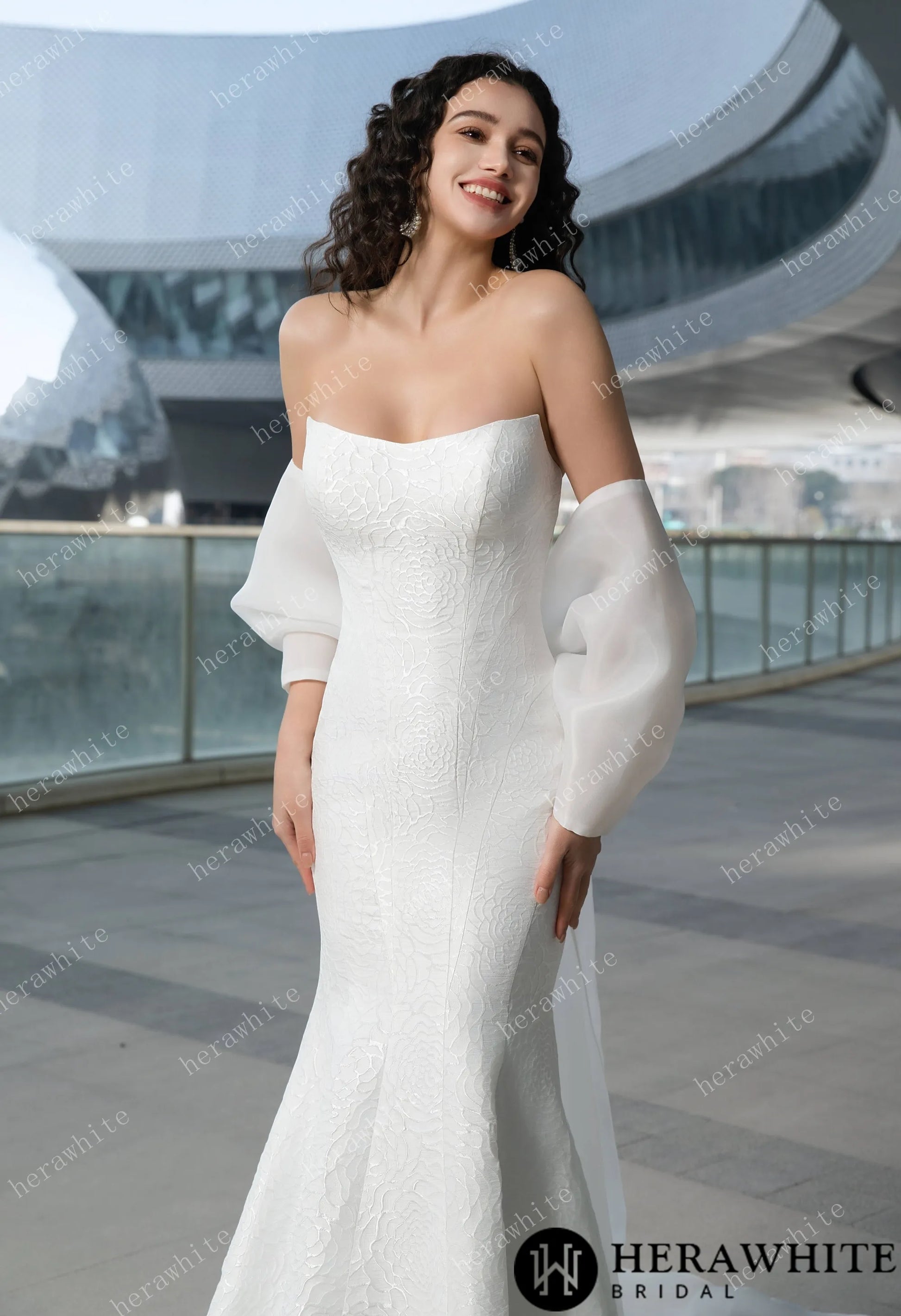 The Georgianna -Jacquard satin mermaid wedding gown with detachable bow