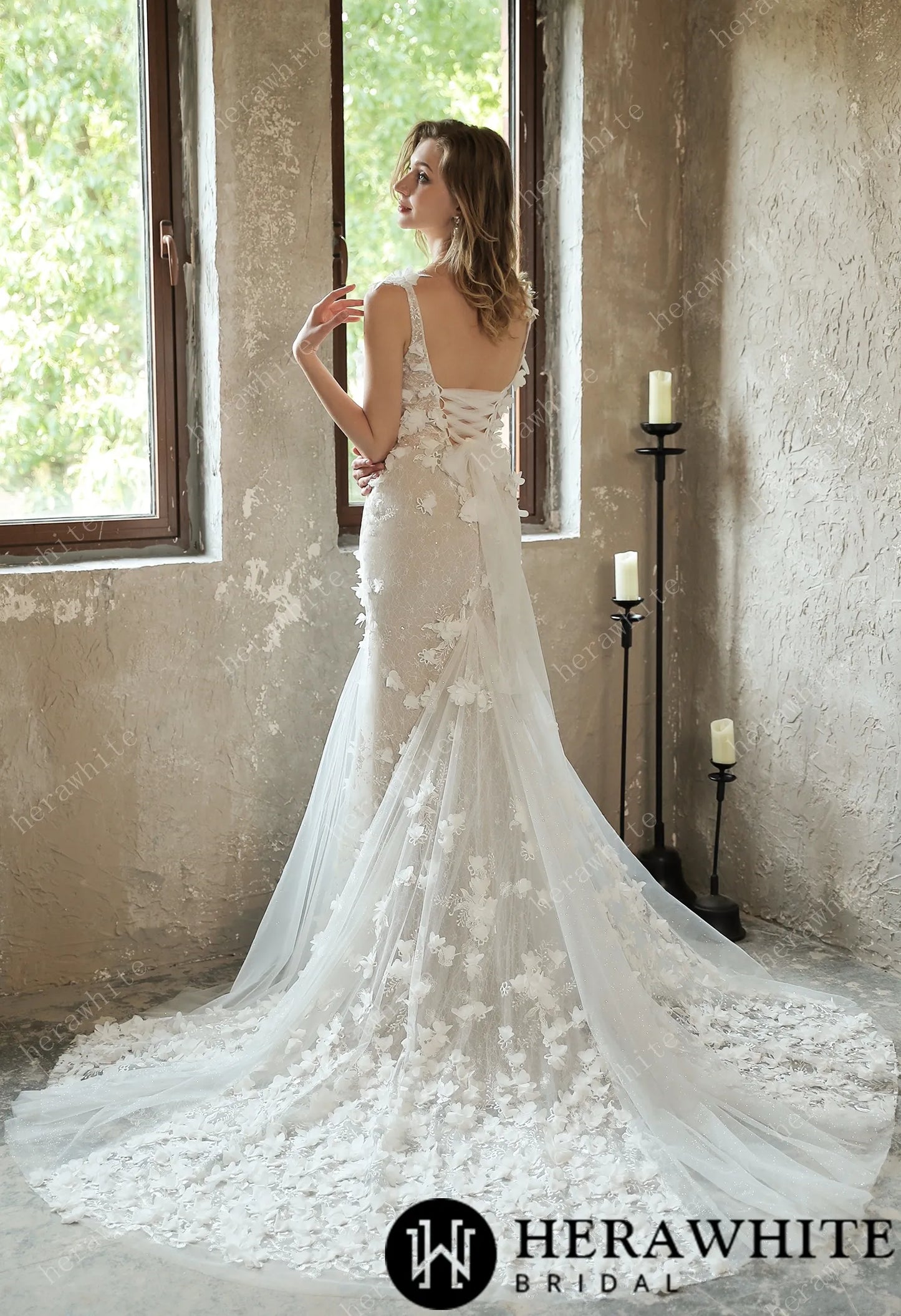 Stunning 3D Petal Lace Sparkly Tulle Wedding Dress