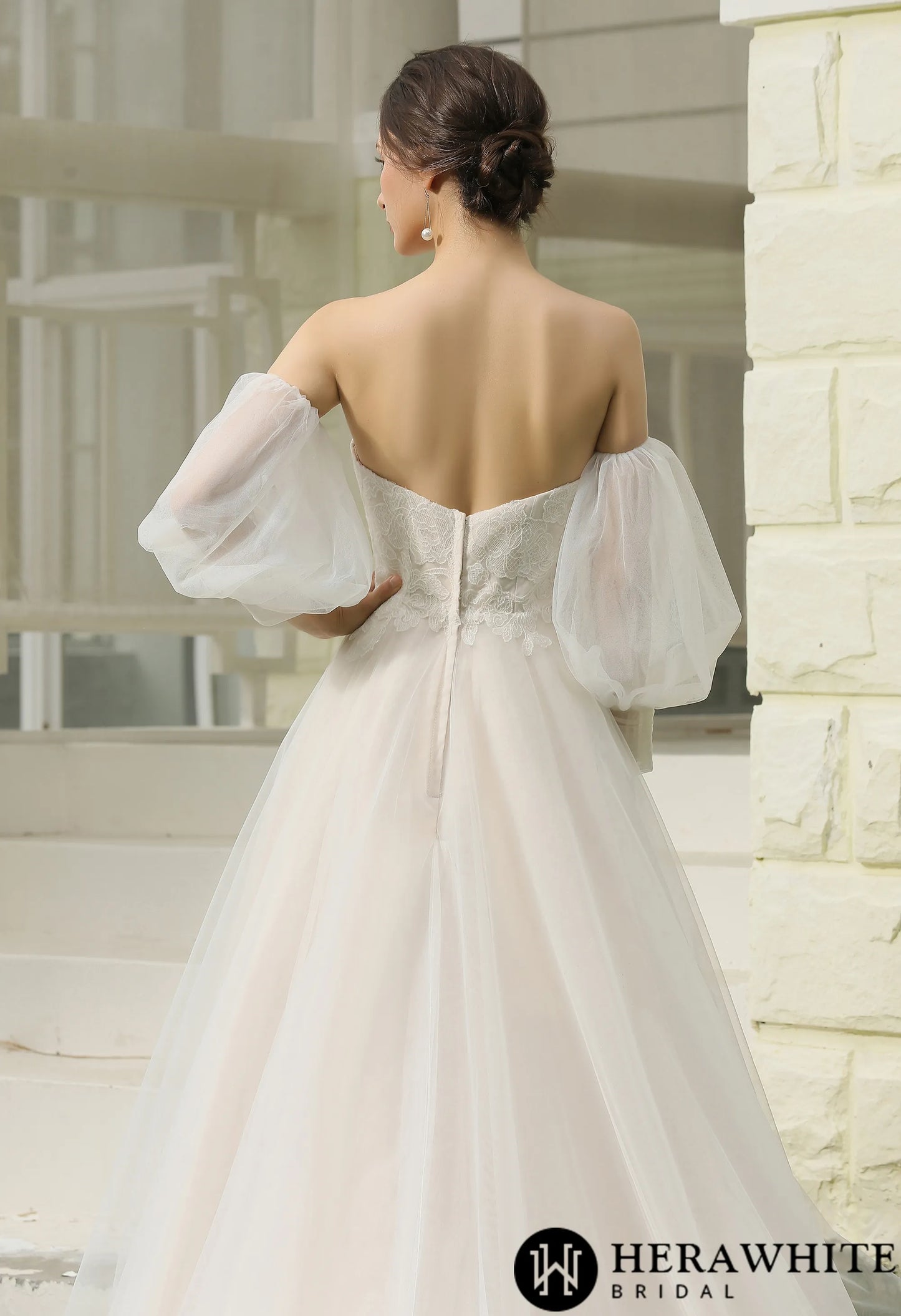 Classic A-Line Strapless Detachable Bishop Sleeves Wedding Dress