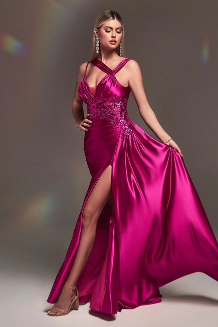 Fitted Satin Gown with Lace Detail by Ladivine