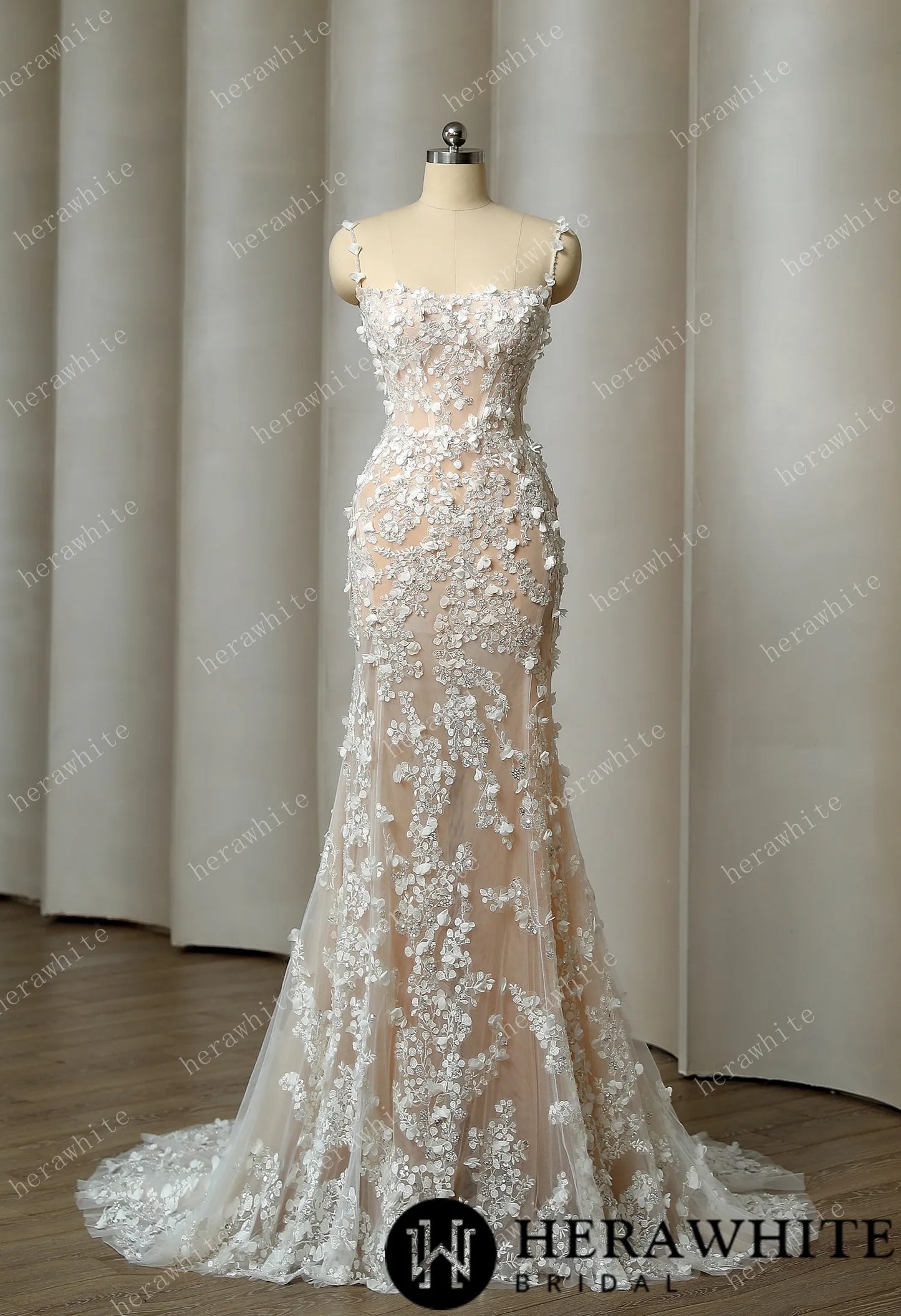 Delicately Embroidered 3D Flowers Wedding Dress With Voluminous Overskirt