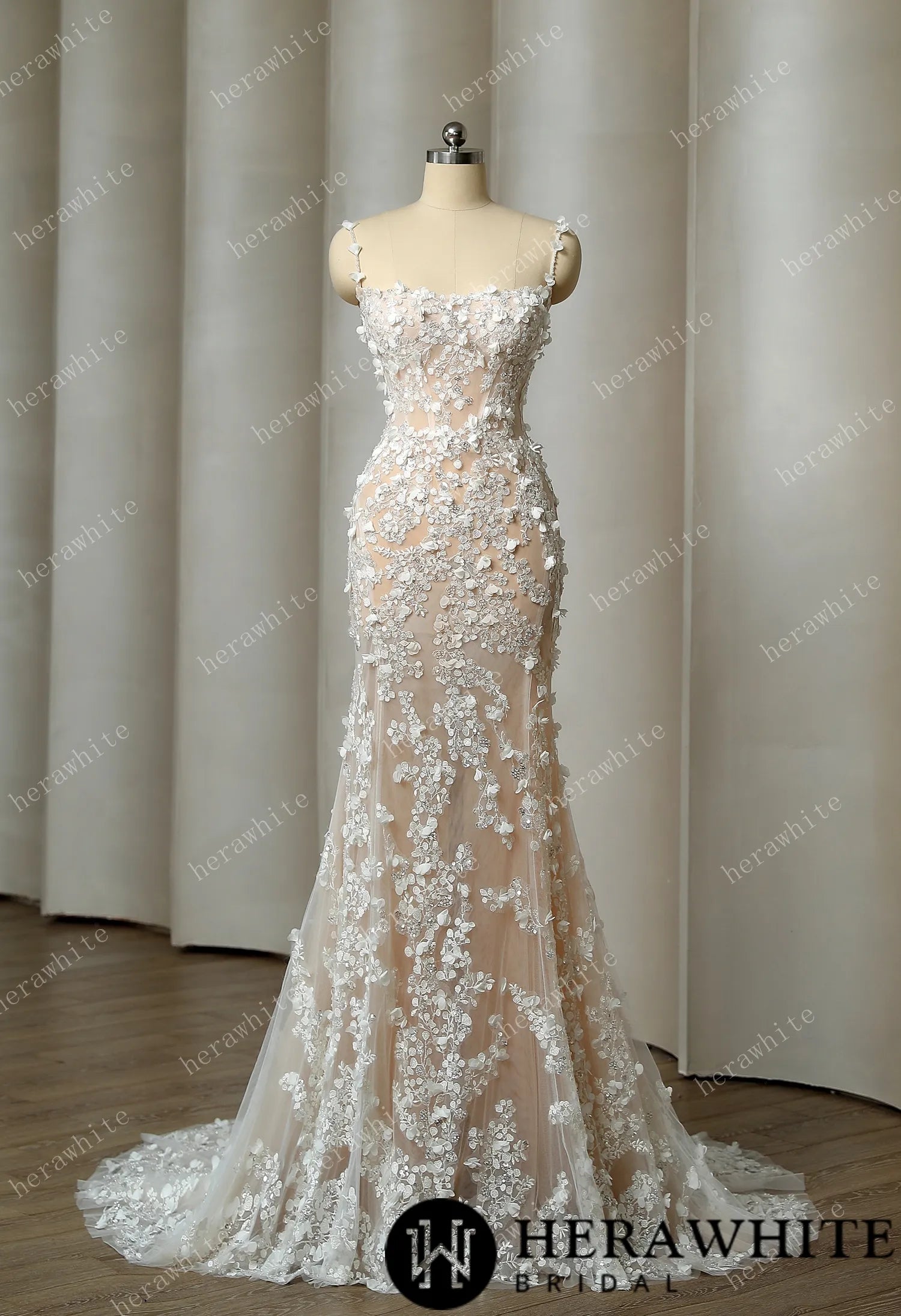 Delicately Embroidered 3D Flowers Wedding Dress With Voluminous Overskirt