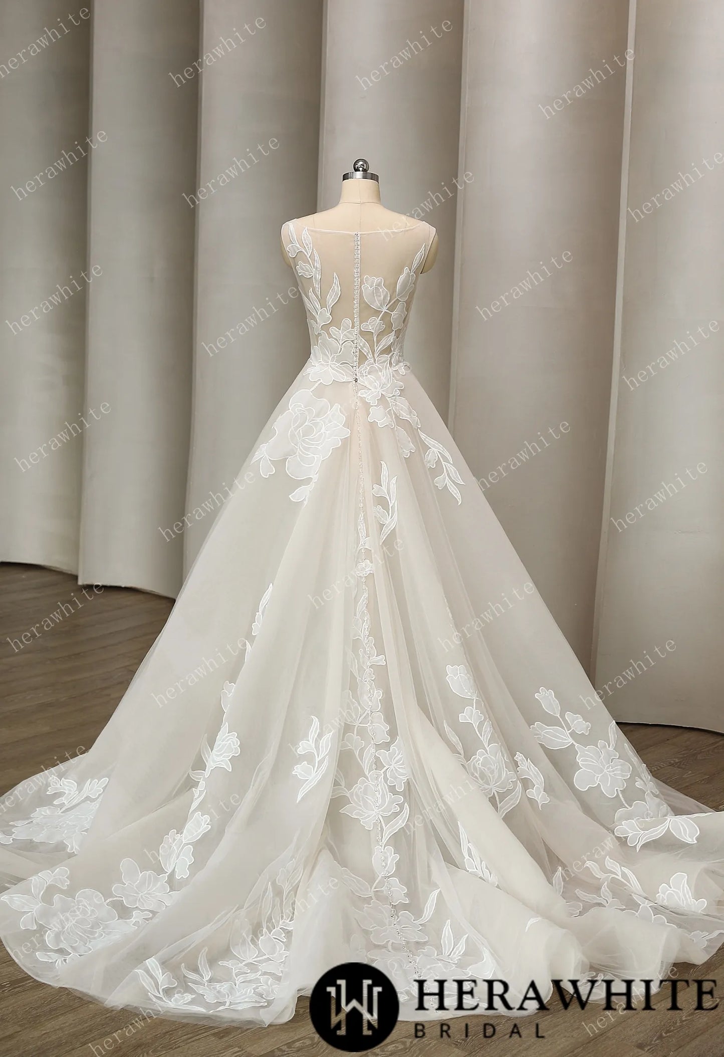 Unique Strapless Floral Wedding Gown with Illusion Neckline and Back