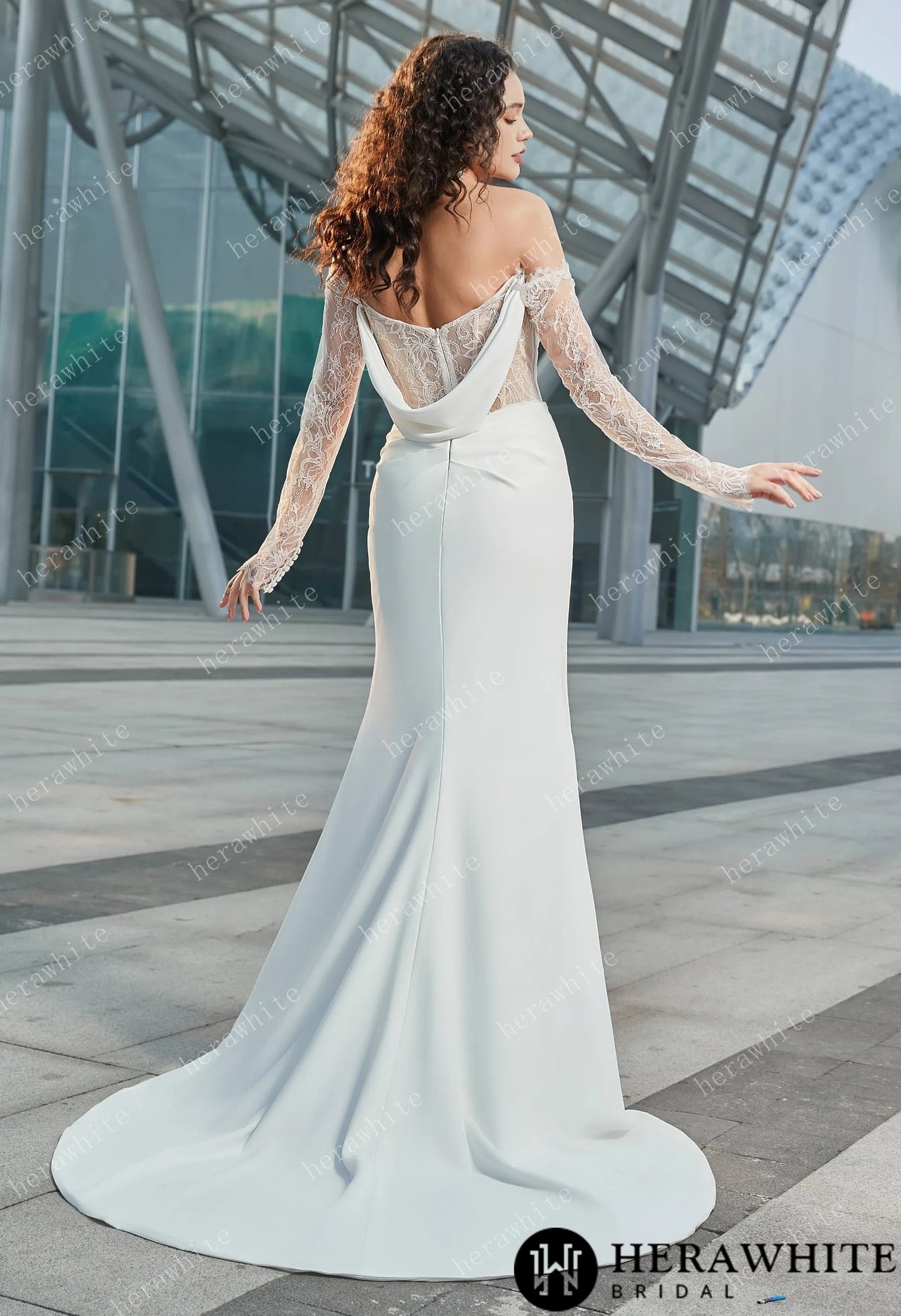 Back vie of Bride wearing the "Megan" Modern Glam-Off-the-Shoulder Bridal Gown 