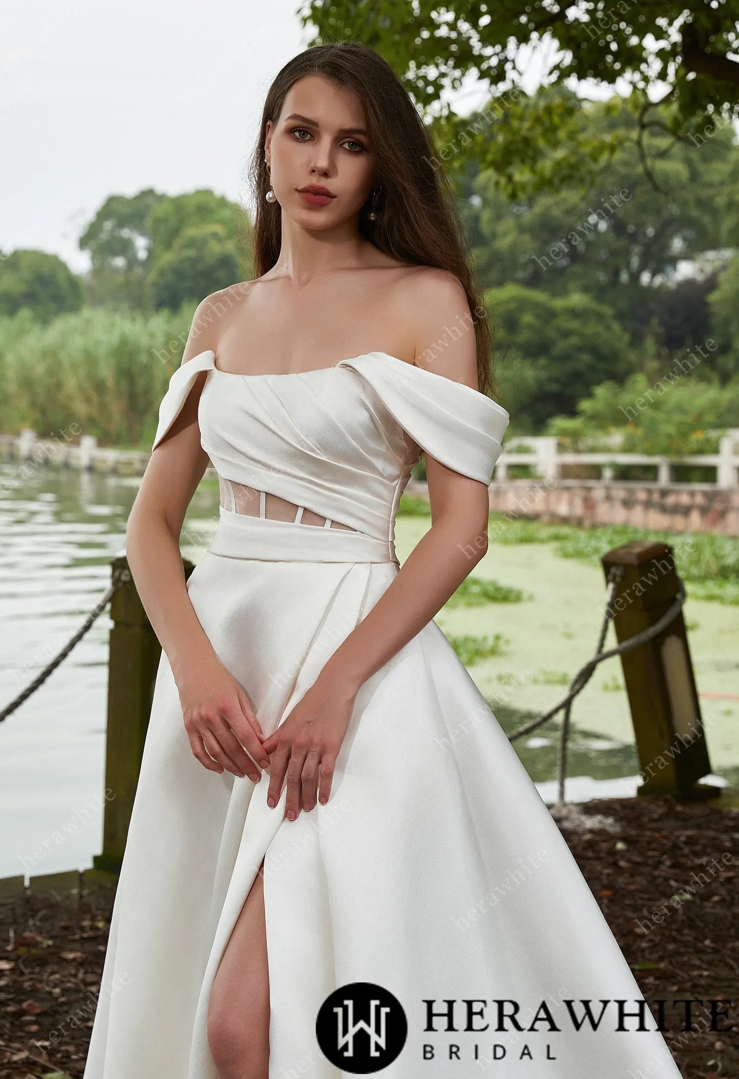 Modern Off Shoulder Grace Slit And Strapless Mikado Wedding Gown