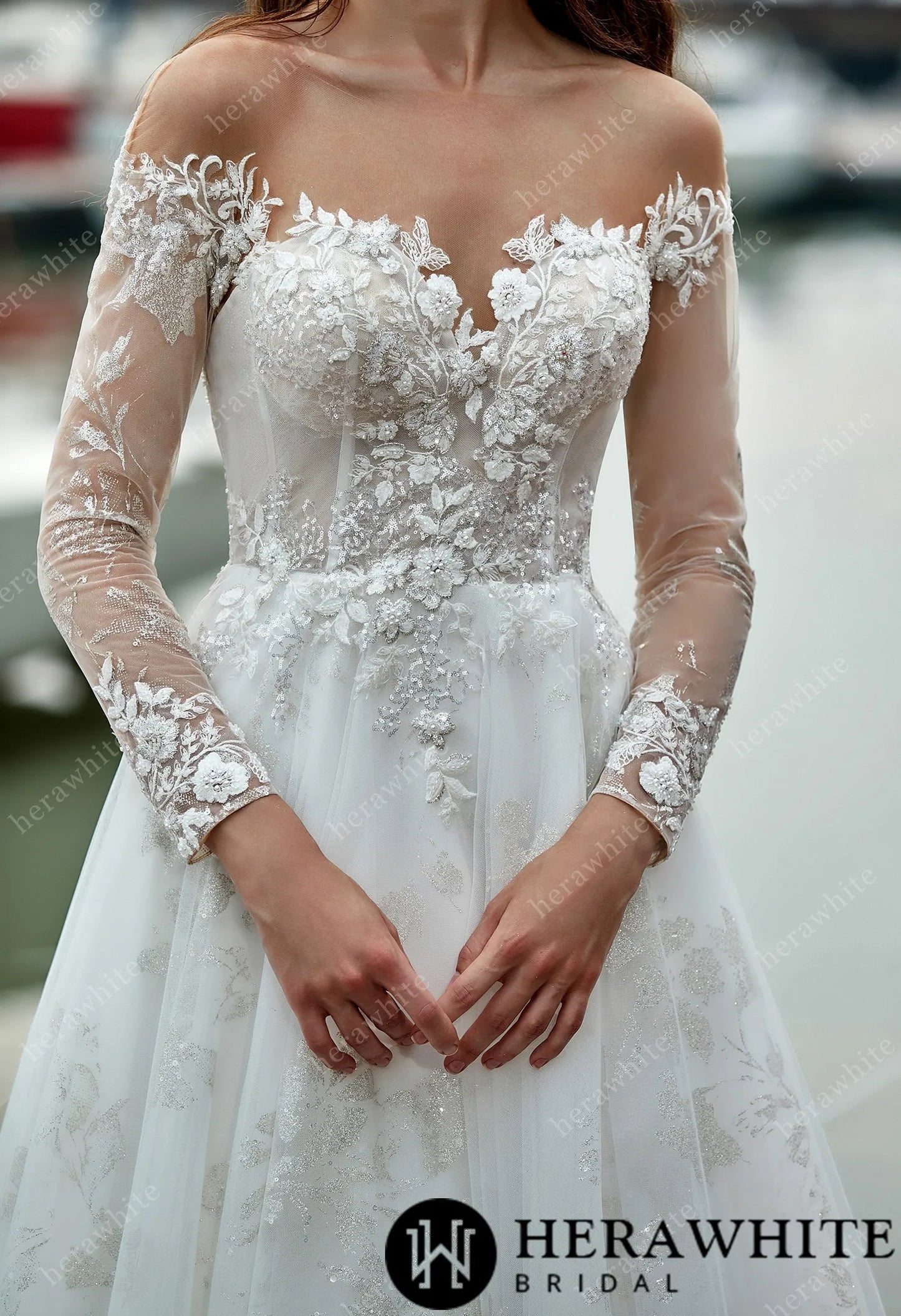 Shimmer Grace Long Sleeves Wedding Dress with Illusion Back