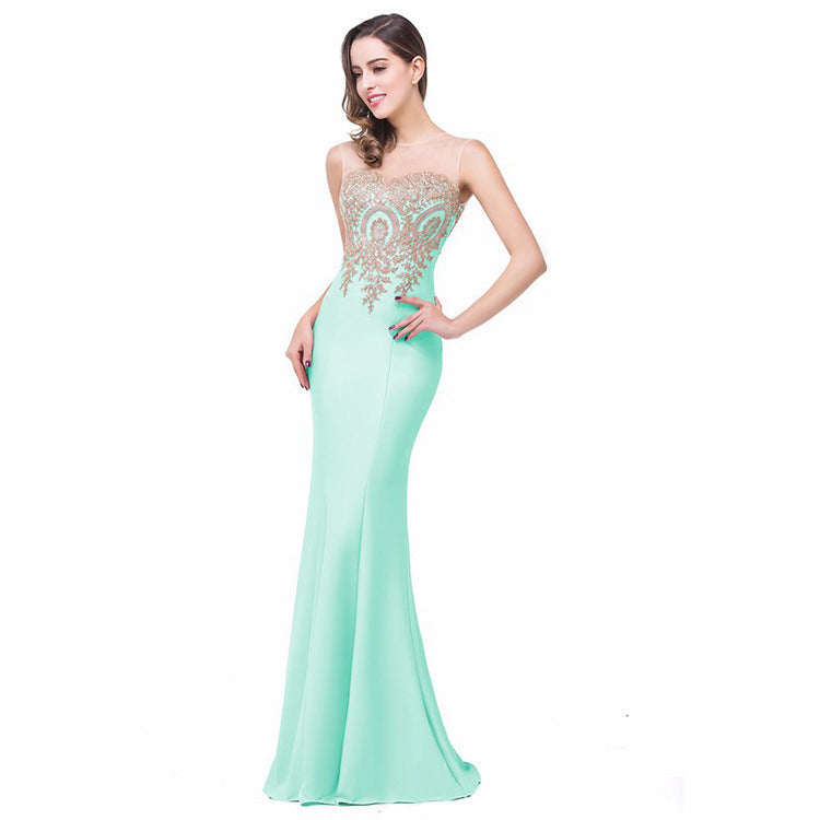 Formal Mermaid Bridesmaids Dress with Gold Applique.