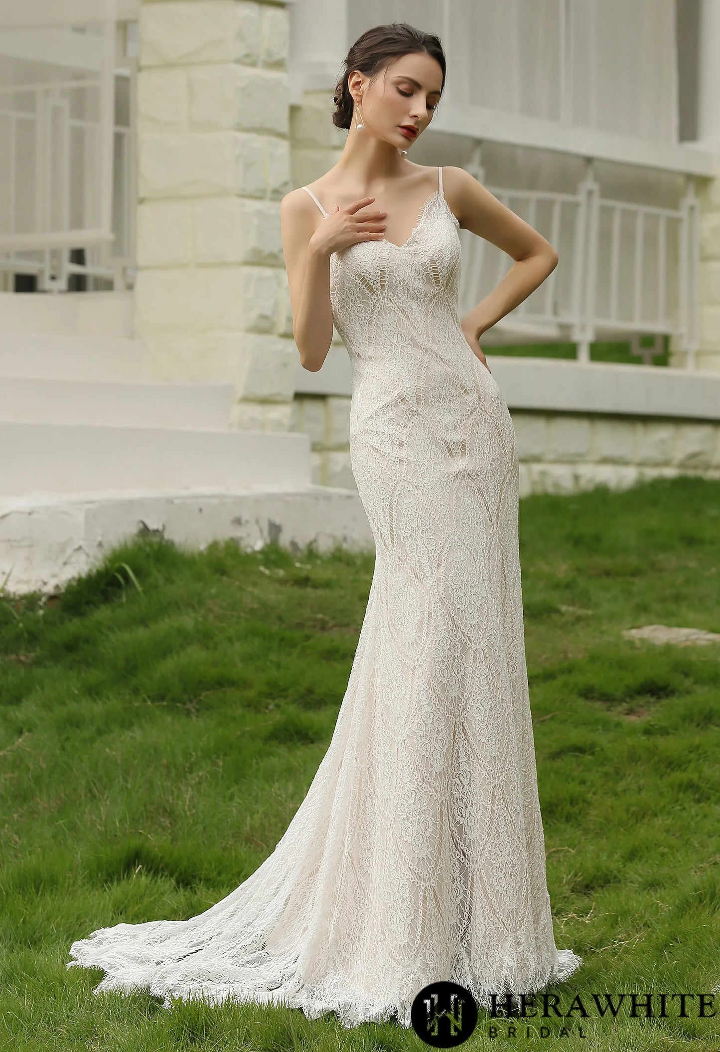 Spaghetti Straps Lace Sheath Wedding Dress