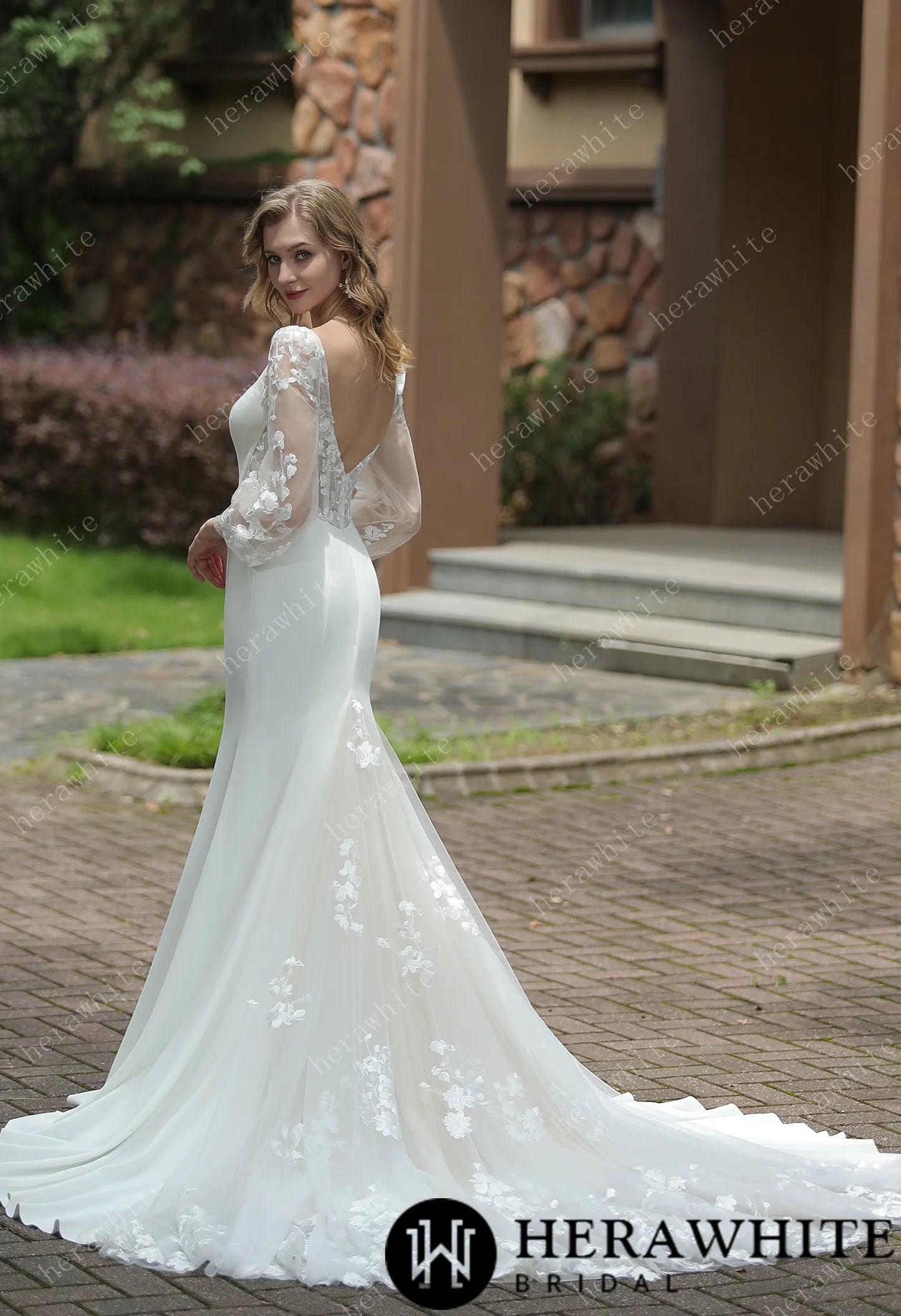 Square Neck Crepe Fit And Flare Tulle Detachable Sleeves Wedding Dress