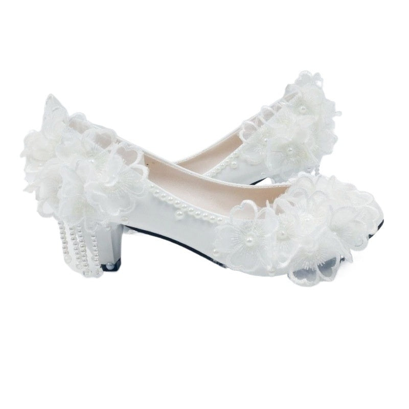 Lace and Flower Rhinestone Tassel High-heeled Bridal Shoes