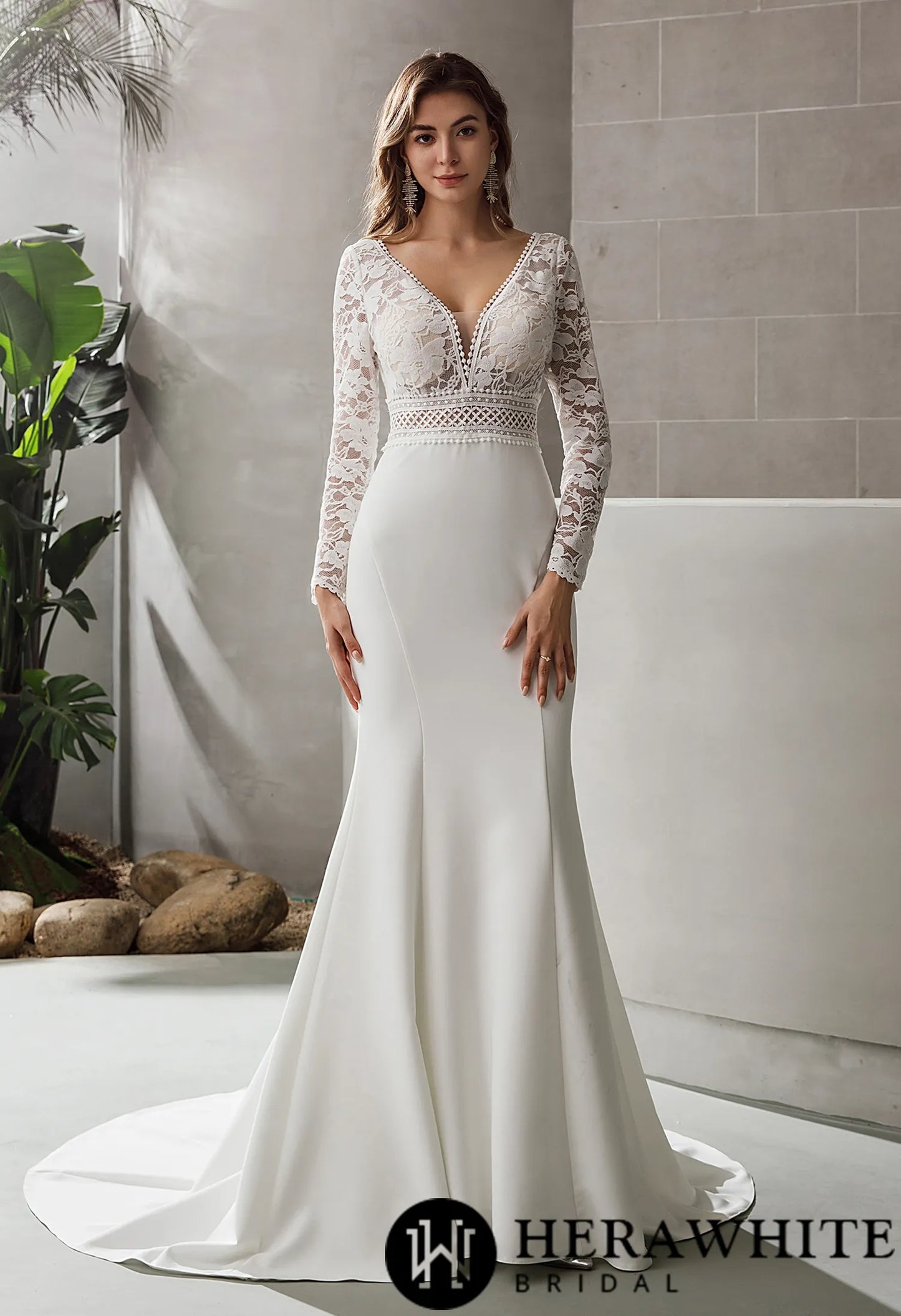 Boho Mermaid Long Sleeve Plunging V-neck Wedding Dress