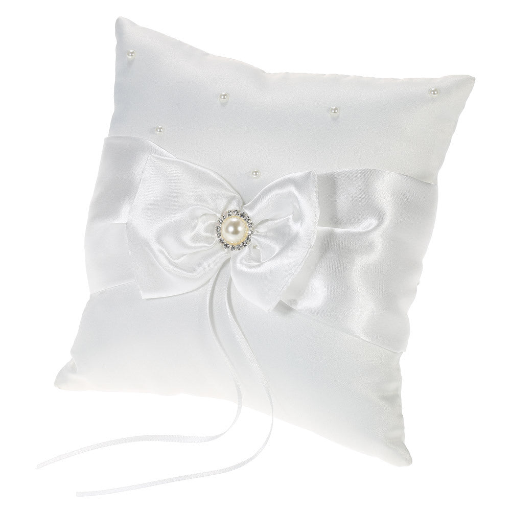 White Satin Bowknot Rhinestone-Pearl Decorated Ring Bearer Pillow and Flower Girl Basket Set